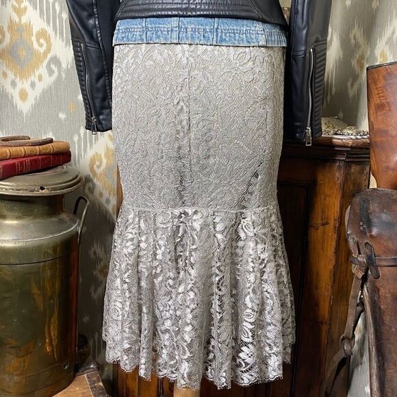 Ralph Lauren Silver Lace Midi Godet Trumpet Skirt - Picture 14 of 16